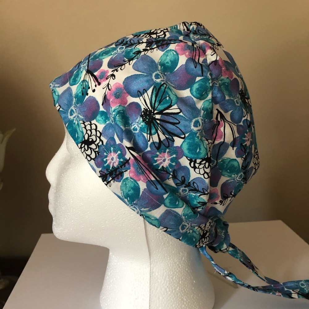 New Scrub Cap Hat custom Made-Blue floral fabric